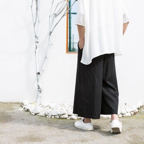 Korean Trend cropped pants trendy men's pants linen Wide Leg Pants Cotton hemp skirt pants loose Chinese flare pants
