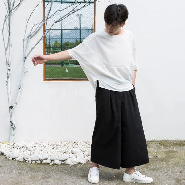 Korean Trend cropped pants trendy men's pants linen Wide Leg Pants Cotton hemp skirt pants loose Chinese flare pants
