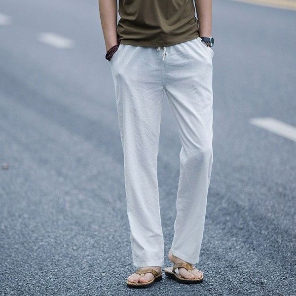 Linen pants men's loose cotton and linen pants thin men's casual pants summer linen pants trendy retro straight tube large size
