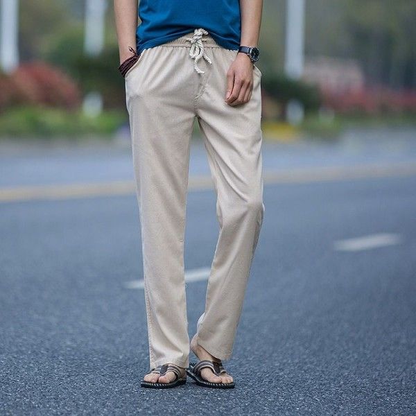 Linen pants men's loose cotton and linen pants thin men's casual pants summer linen pants trendy retro straight tube large size
