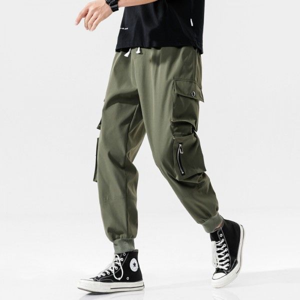 Summer 2020 men's loose functional overalls Korean casual corset men's trendy Multi Pocket drawstring Capris 