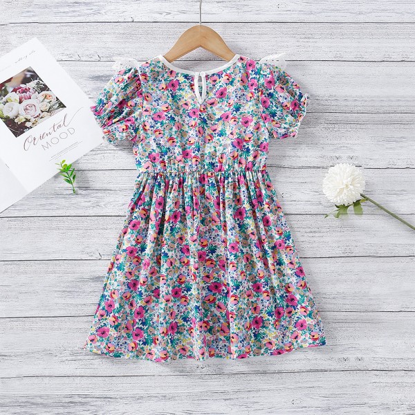 EW foreign trade children's Dress Girls' 2021 summer dress new sweet big lace round neck floral dress q656