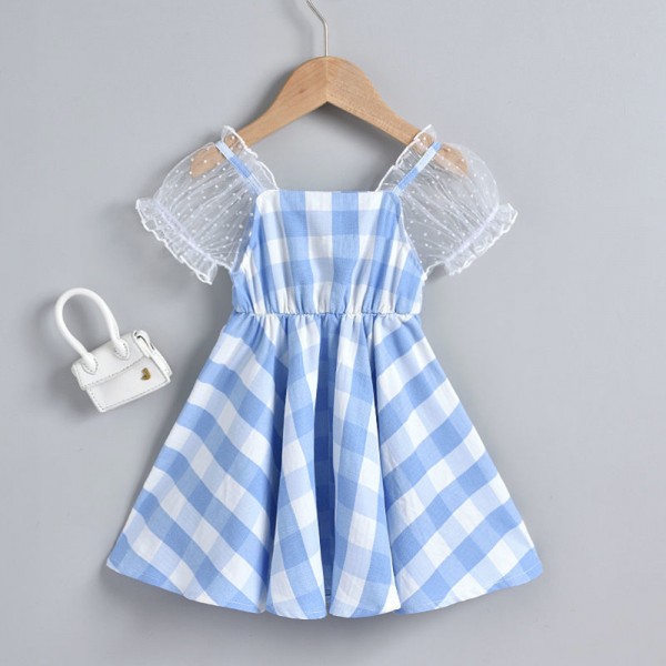 EW foreign trade children's 2021 summer new bubble sleeve lattice Sling Dress we18-1