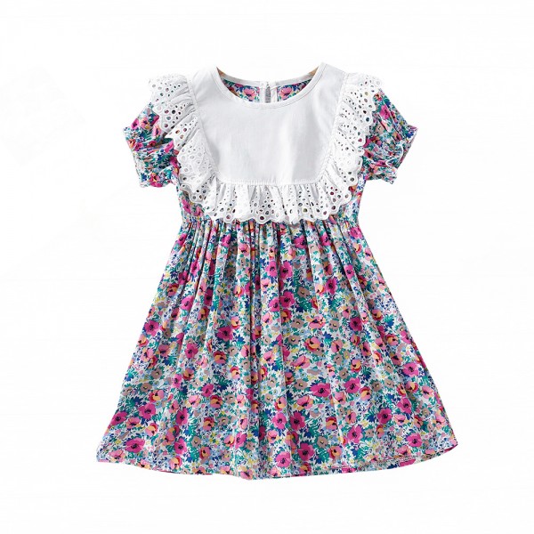 EW foreign trade children's Dress Girls' 2021 summer dress new sweet big lace round neck floral dress q656