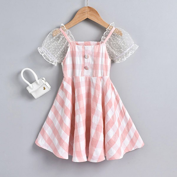 EW foreign trade children's 2021 summer new bubble sleeve lattice Sling Dress we18-1