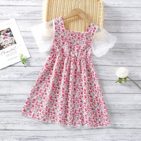 EW foreign trade children's 2021 summer new girls' floral screen sleeve dress wp76