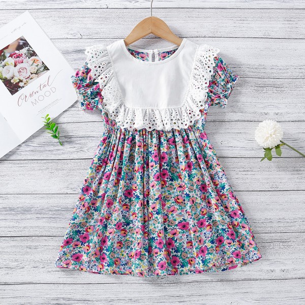 EW foreign trade children's Dress Girls' 2021 summer dress new sweet big lace round neck floral dress q656