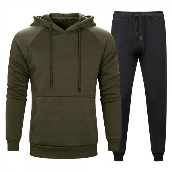 Autumn and winter two piece solid kangaroo pocket hooded solid loose sports pants men's wear