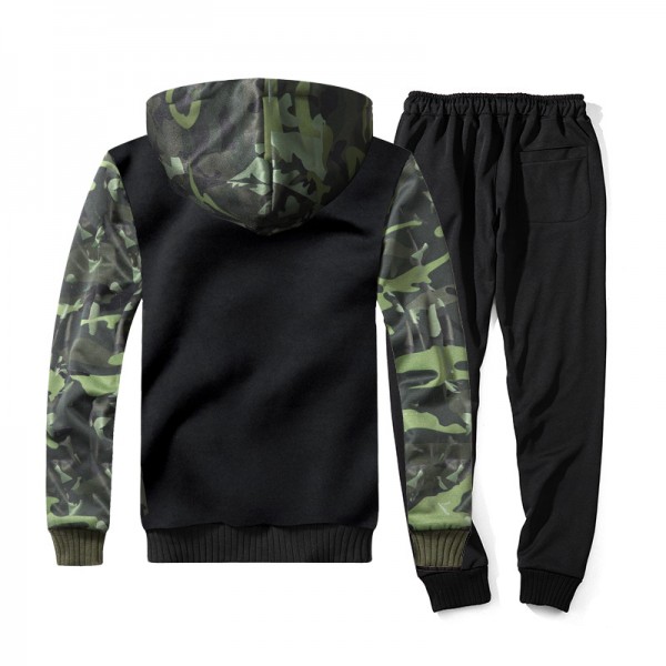 Autumn and winter thickened long sleeve sweater suit men's camouflage cardigan contrast color Hooded Sweater two piece tie leg trousers