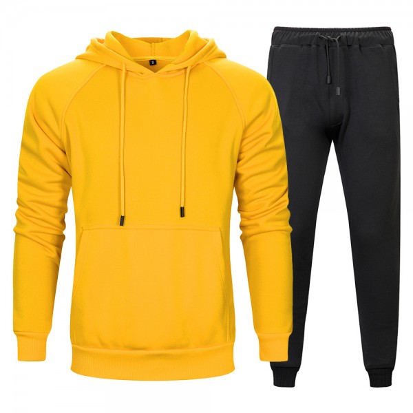 Autumn and winter two piece solid kangaroo pocket hooded solid loose sports pants men's wear