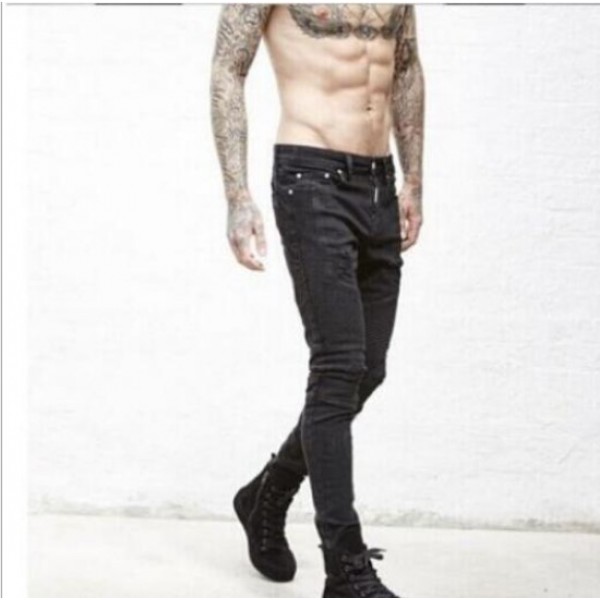 New men's jeans Europe and the United States high street trend hole fold slim little foot elastic youth jeans pants